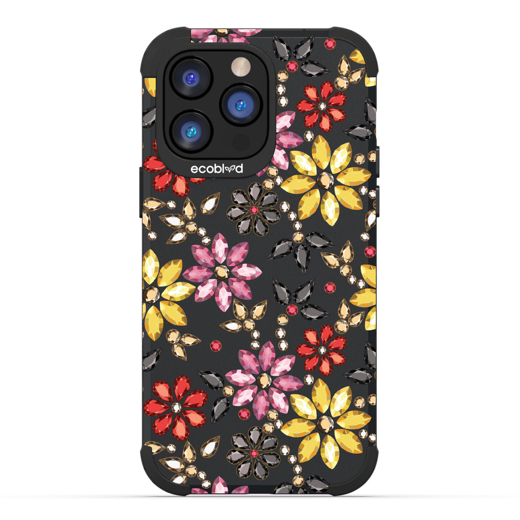 Bejeweled - Rhinestone Jewels In Floral Patterns - Black Eco-Friendly Rugged iPhone 14 Pro Case 