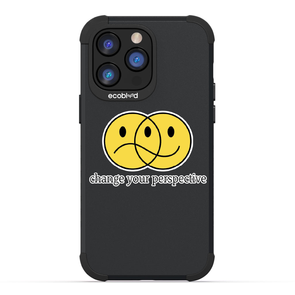 Perspective - Black Rugged Eco-Friendly iPhone 14 Pro Max Case With A Happy/Sad Face & Change Your Perspective On Back