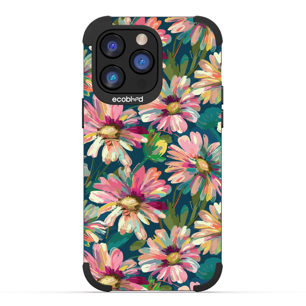 iPhone 14 Pro Max case, rugged compostable phone case in black, back view, Daisy Dusk design