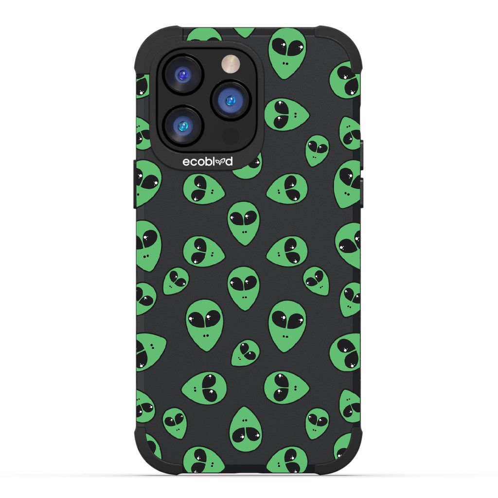 Aliens - Black Rugged Eco-Friendly iPhone 14 Pro Case With Green Cartoon Alien Heads On Back