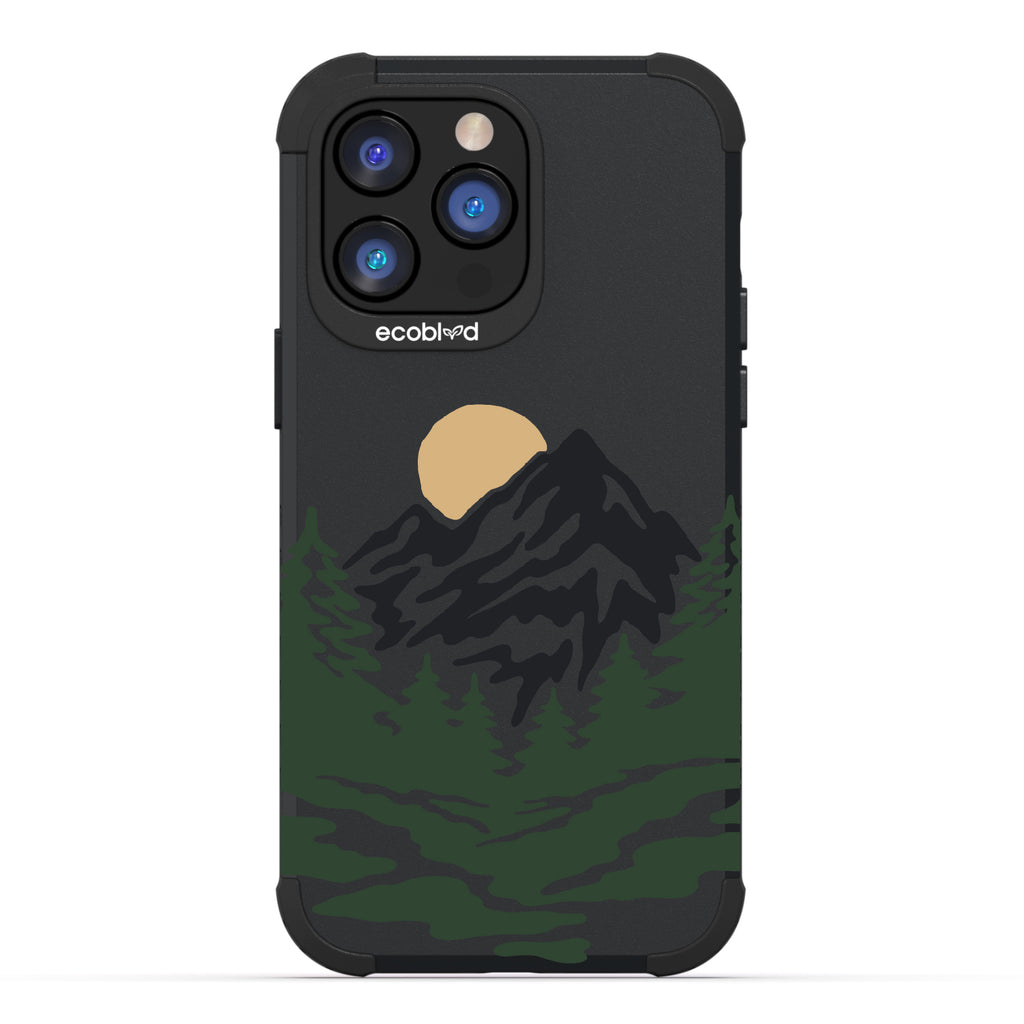 Mountains - Black Rugged Eco-Friendly iPhone 14 Pro Max Case With A Minimalist Moonlit Mountain Landscape On Back