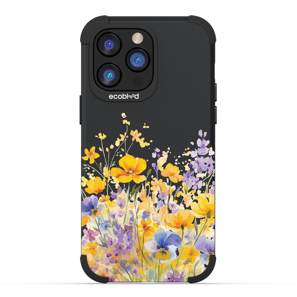 iPhone 14 Pro Max case, rugged compostable phone case in black, back view, Meadowlight design