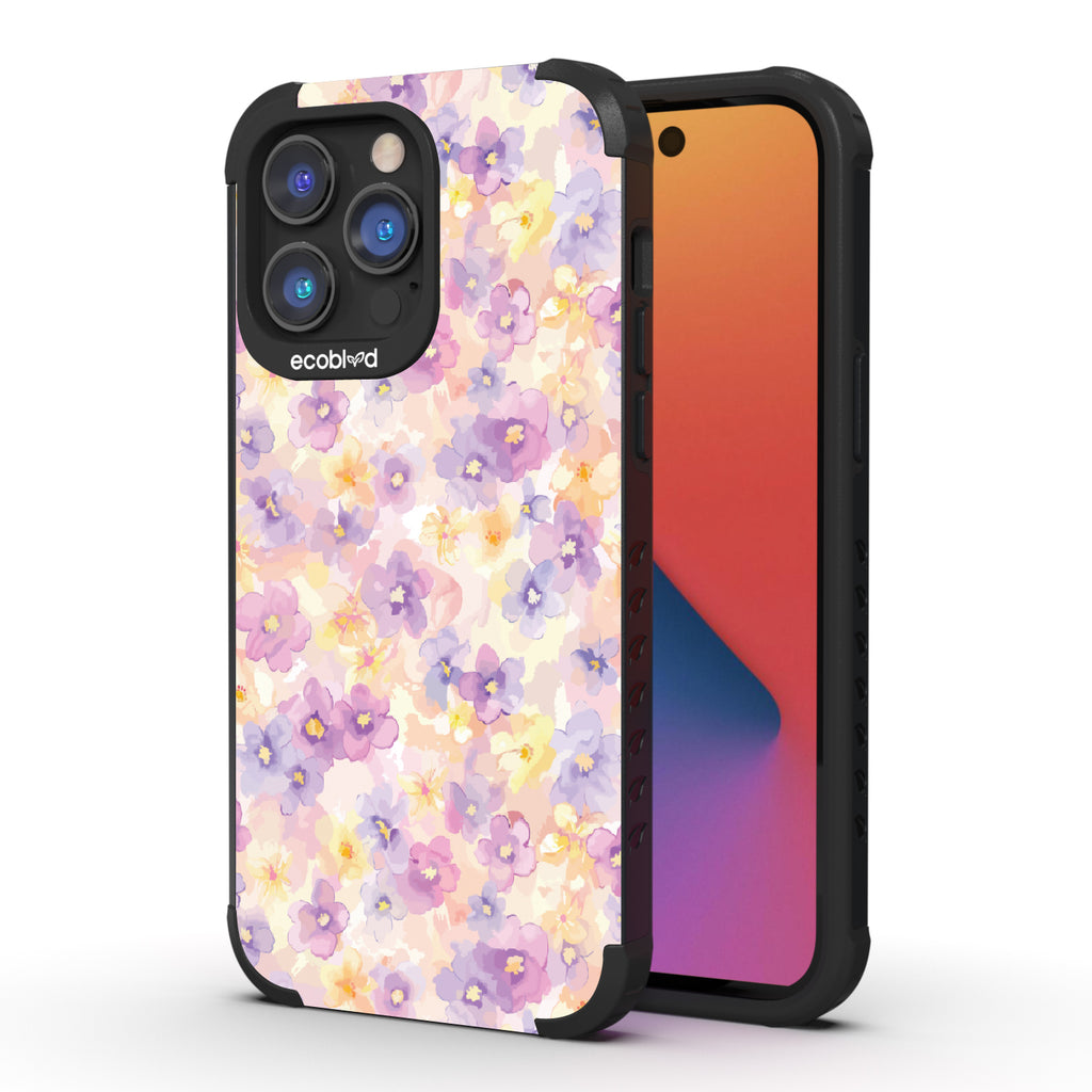 Front and back view of iPhone 14 Pro Max case, rugged compostable phone case in black, Flowering Thoughts design