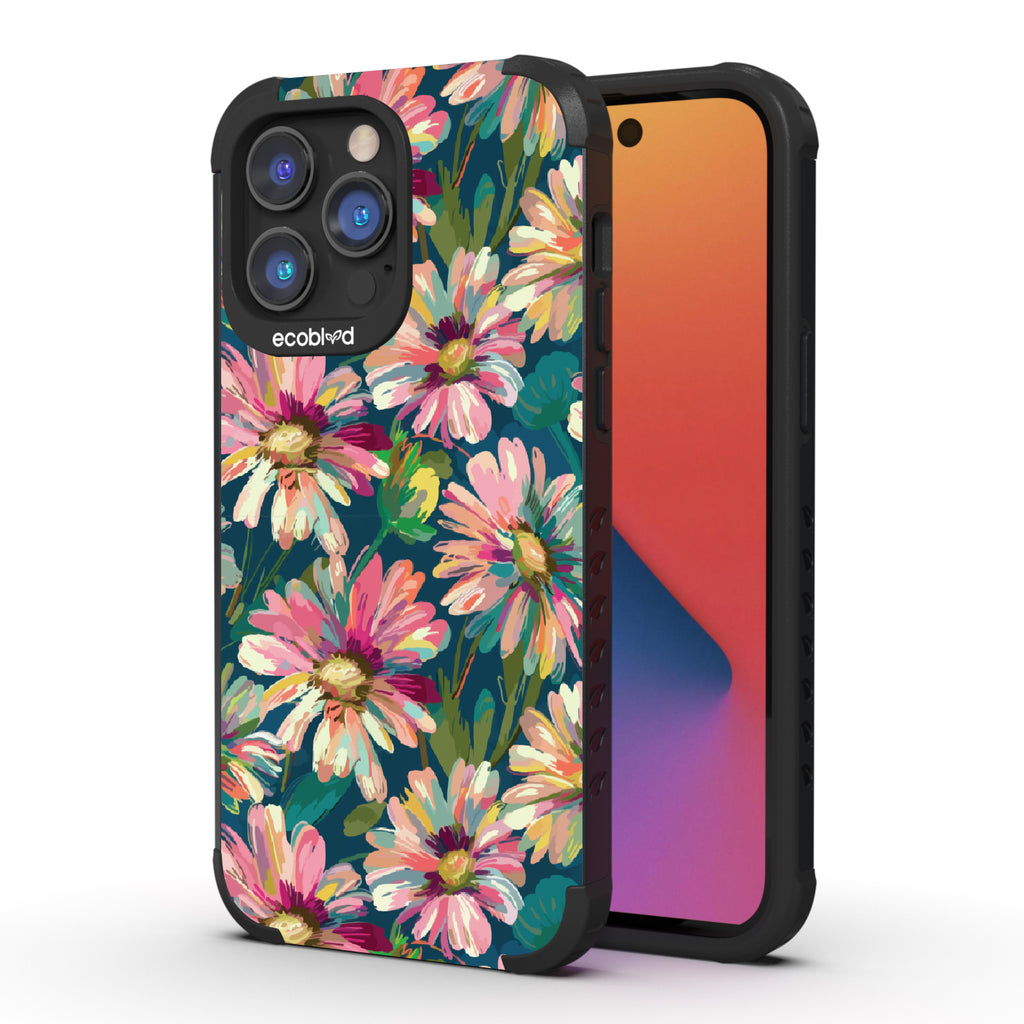 Front and back view of iPhone 14 Pro Max case, rugged compostable phone case in black, Daisy Dusk design