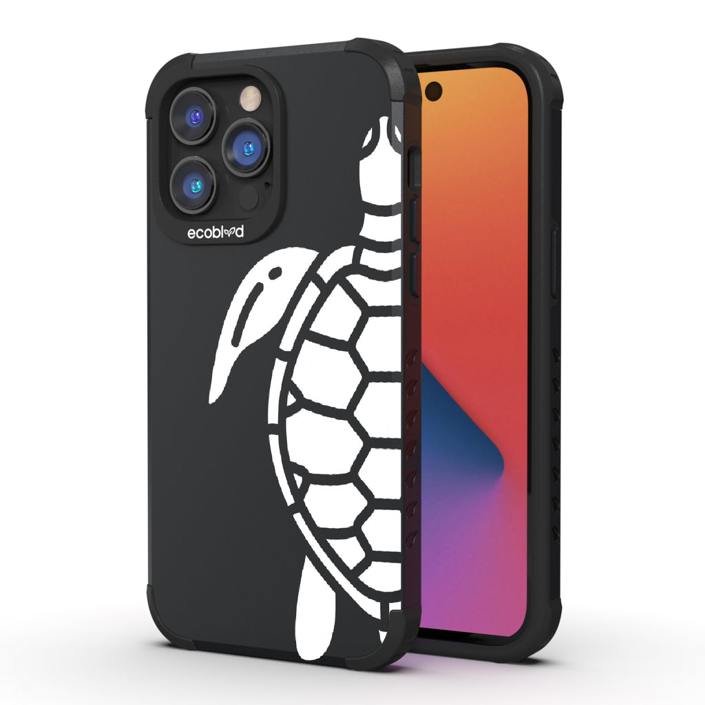 Sea Turtle - Back View Of Black & Eco-Friendly Rugged iPhone 14 Pro Max Case & A Front View Of The Screen