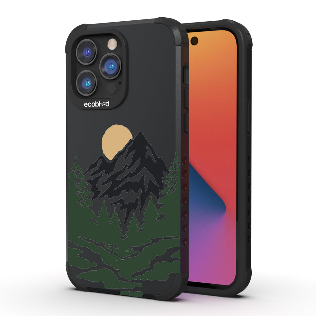 Mountains - Back View Of Black & Eco-Friendly Rugged iPhone 14 Pro Max Case & A Front View Of The Screen