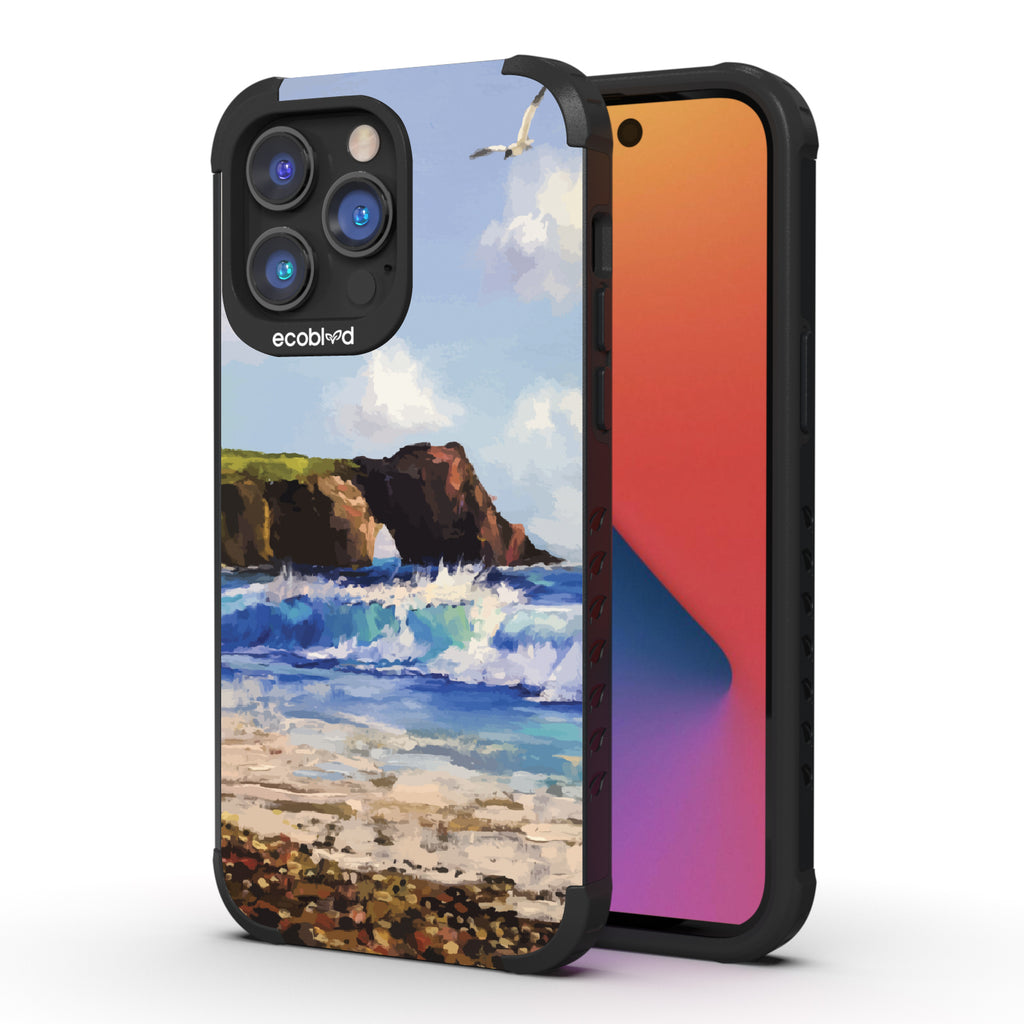 iPhone 14 Pro Max case, rugged compostable phone case in black, back view, Cliffhanger design