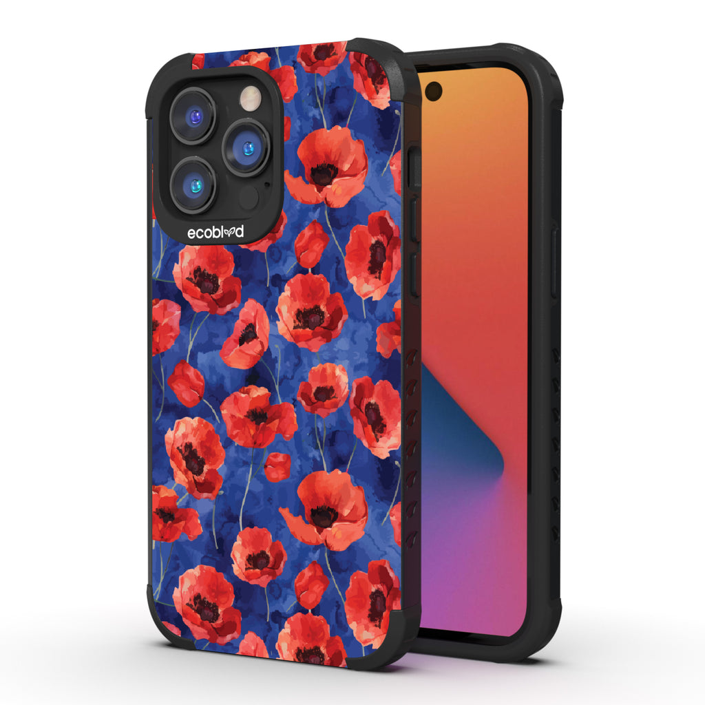 Front and back view of iPhone 14 Pro Max case, rugged compostable phone case in black, Dream Bouquet design