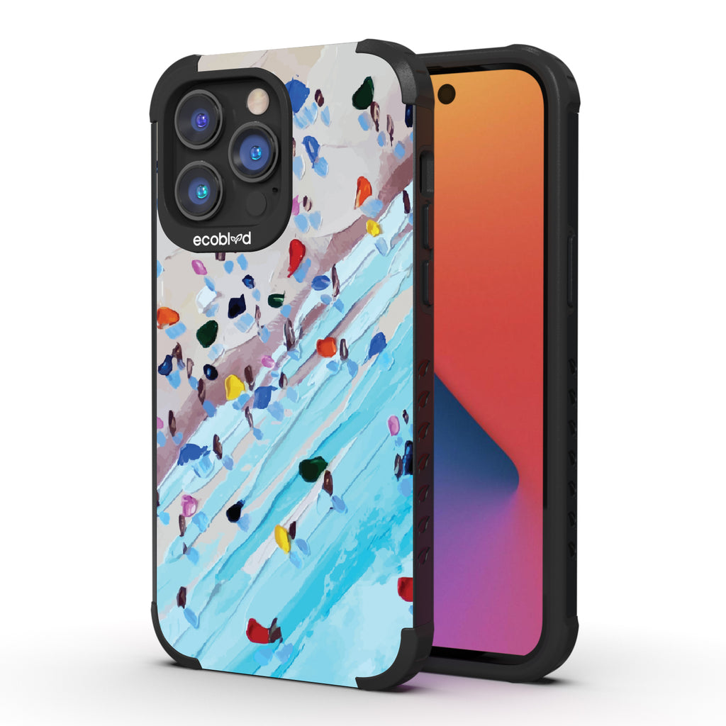 Front and back view of iPhone 14 Pro Max case, rugged compostable phone case in black, waves of Color design