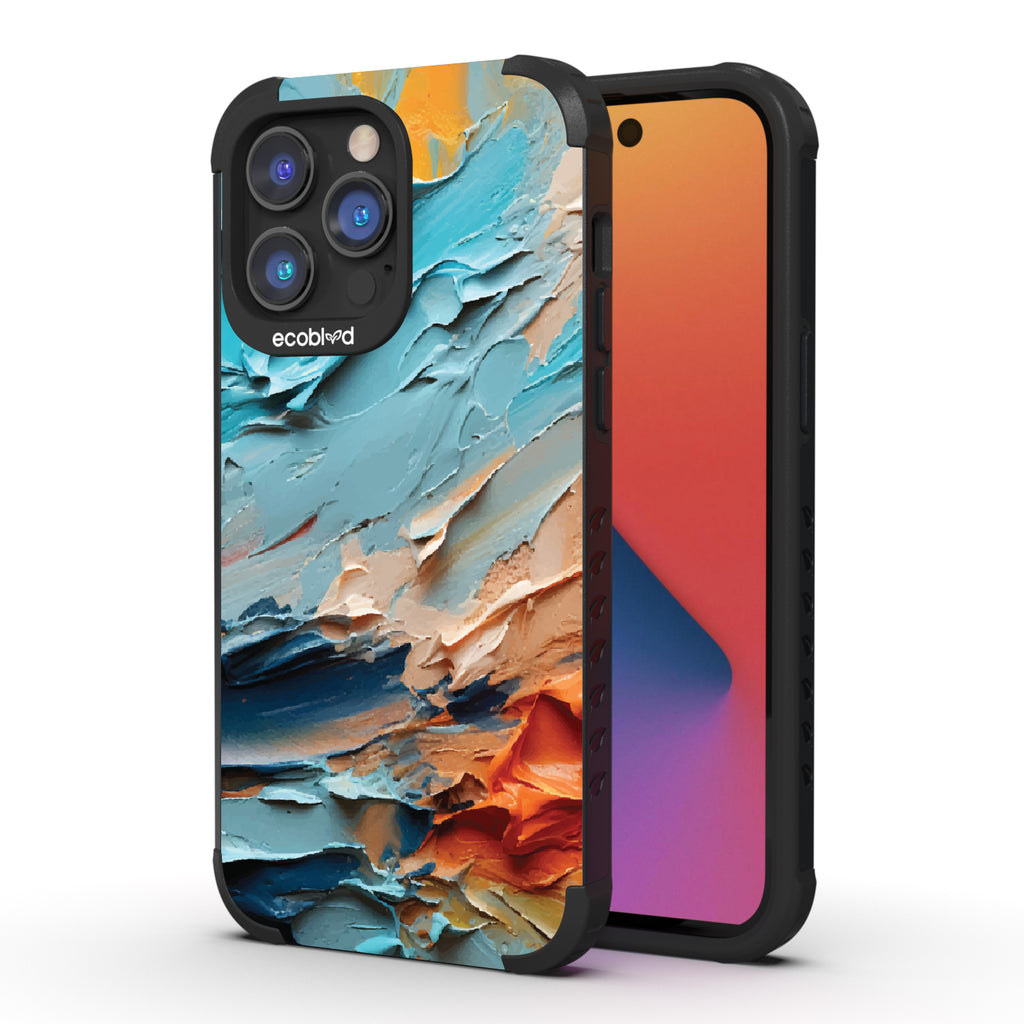 Front and back view of iPhone 14 Pro Max case, rugged compostable phone case in black, Frame of Mind design