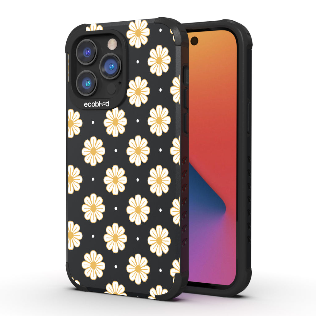 Daisy - Black Rugged Eco-Friendly iPhone 14 Pro Max Case With A White Floral Pattern Of Daisies & Dots On Back