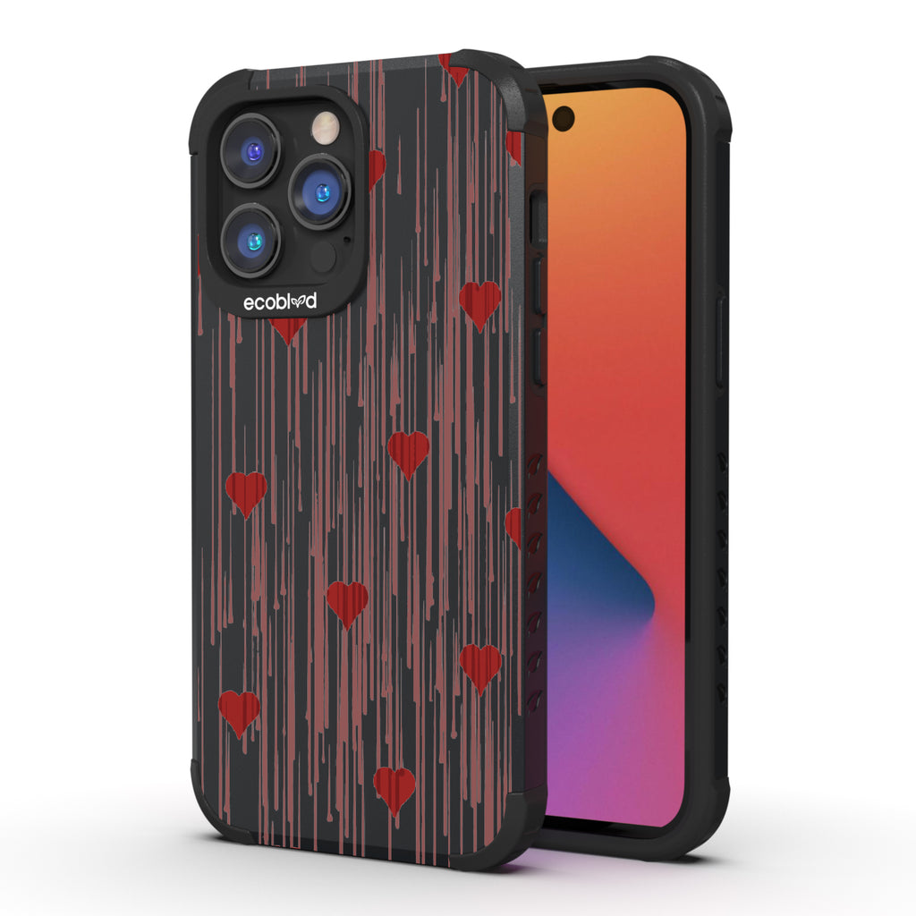 Bleeding Hearts - Back View Of Black Eco-Friendly iPhone 14 Pro Rugged Case & Front View Of Screen
