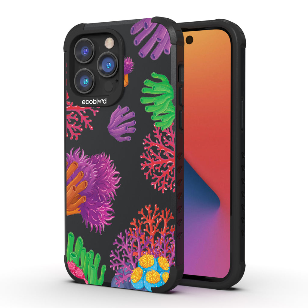 Coral Reef - Back View Of Black & Eco-Friendly Rugged iPhone 14 Pro Case & A Front View Of The Screen