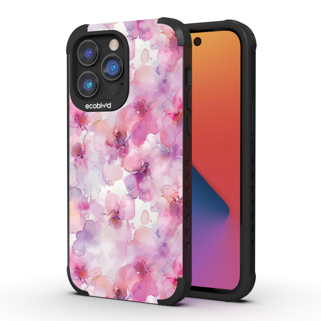 Front and back view of iPhone 14 Pro Max case, rugged compostable phone case in pink, Rose Water design