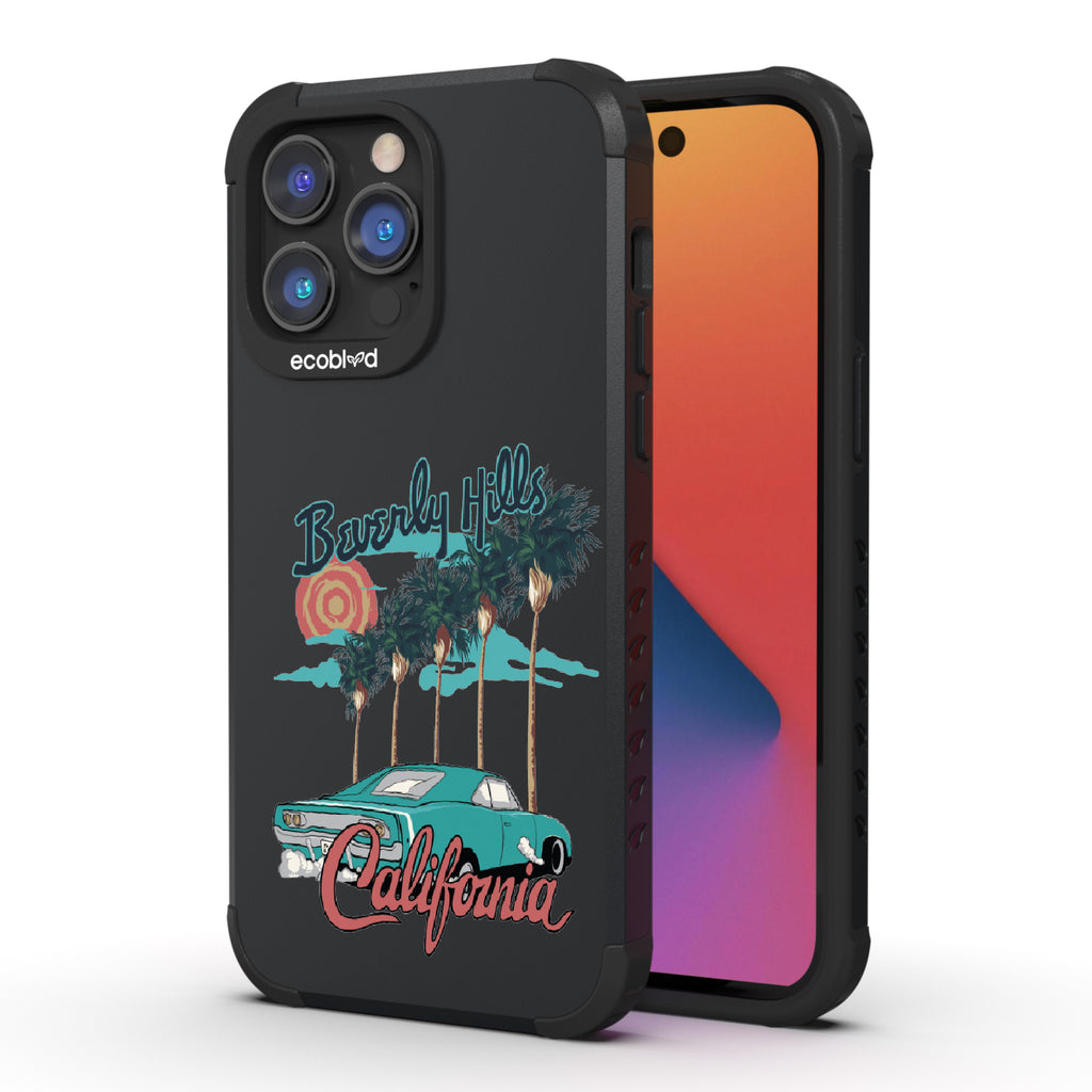 Front and back view of iPhone 14 Pro Max case, rugged compostable phone case in black, 90210 design