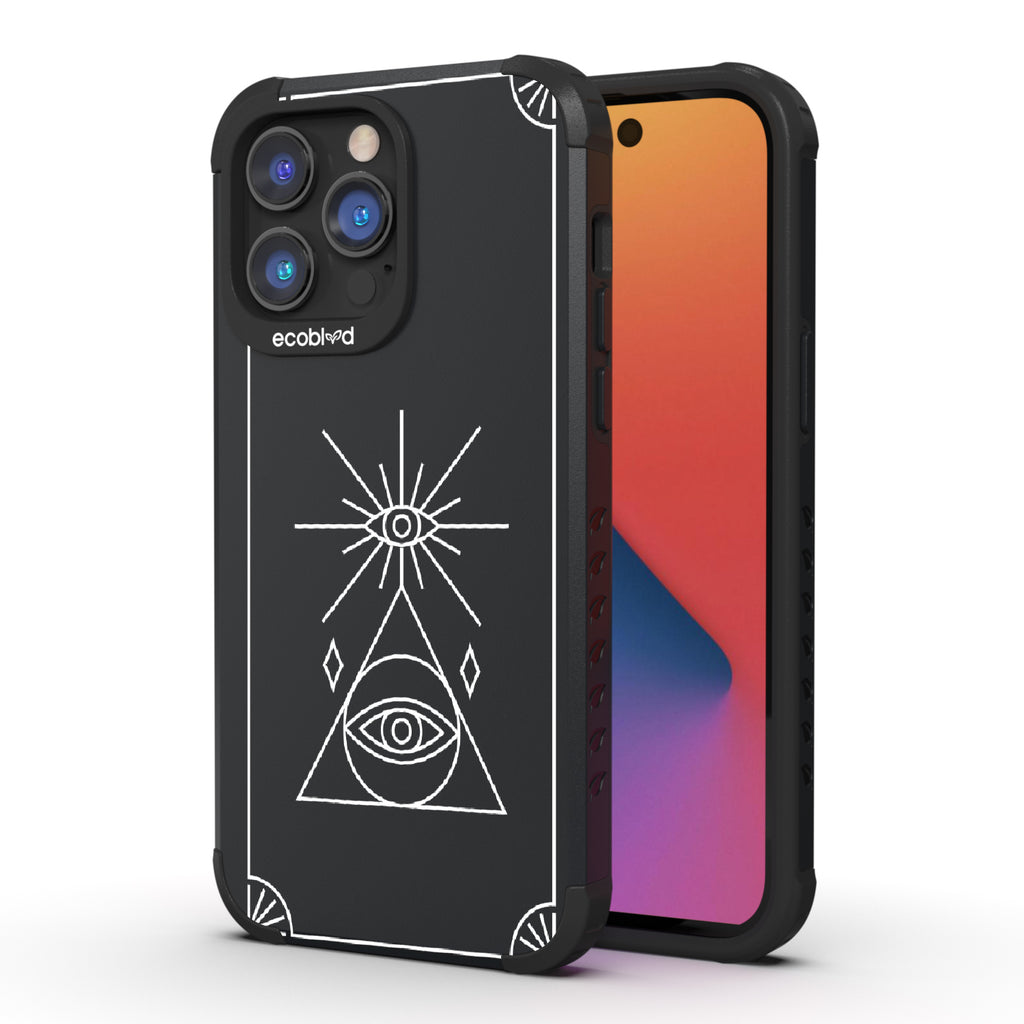 Tarot Card  - Back View Of Black & Eco-Friendly Rugged iPhone 14 Pro Max Case & A Front View Of The Screen