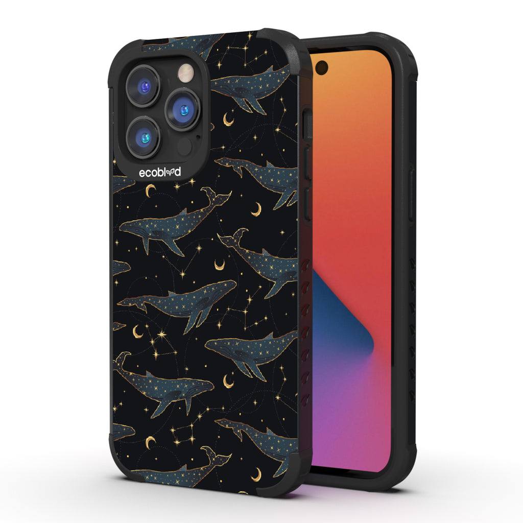 iPhone 14 Pro Max case, rugged compostable phone case in black, back view, Whale Wishes design