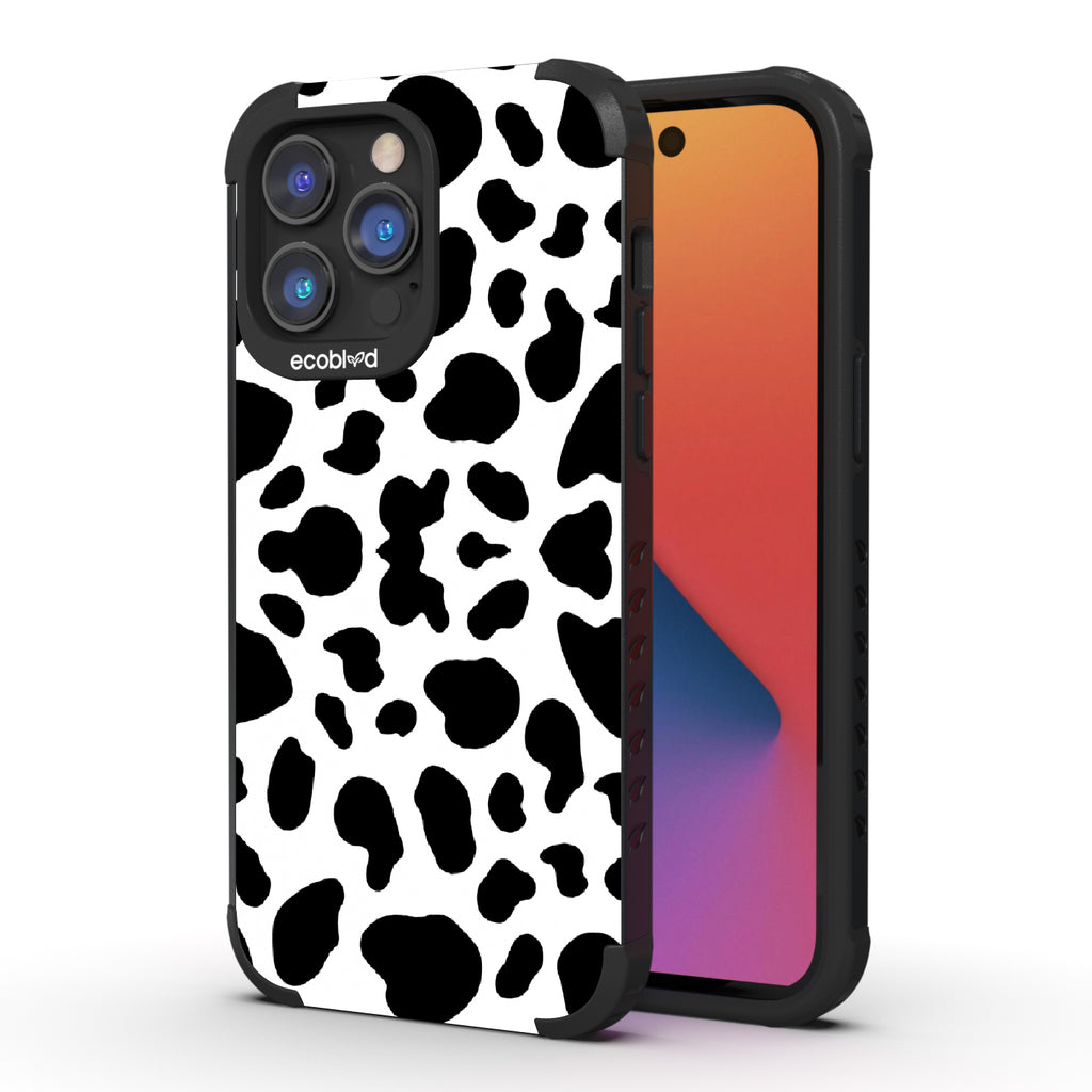Cow Print - Back View Of Black & Eco-Friendly Rugged iPhone 14 Pro Case & A Front View Of The Screen
