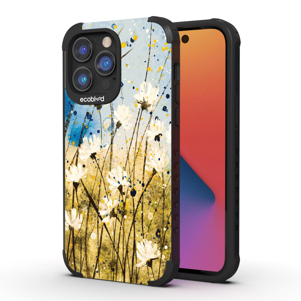 iPhone 14 Pro Max case, rugged compostable phone case in black, back view, Dandelion Dance design
