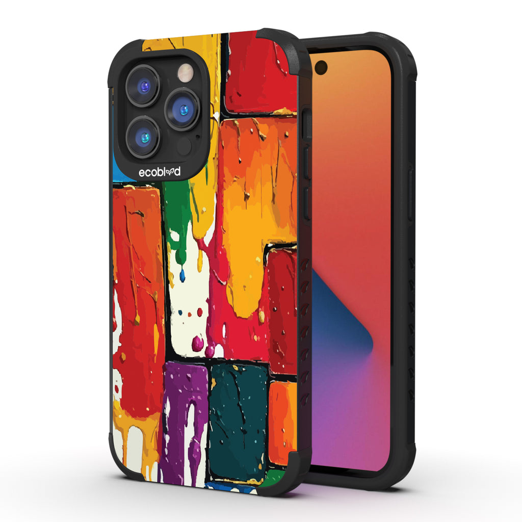 Front and back view of iPhone 14 Pro case, rugged compostable phone case in black, Color Me Mine design