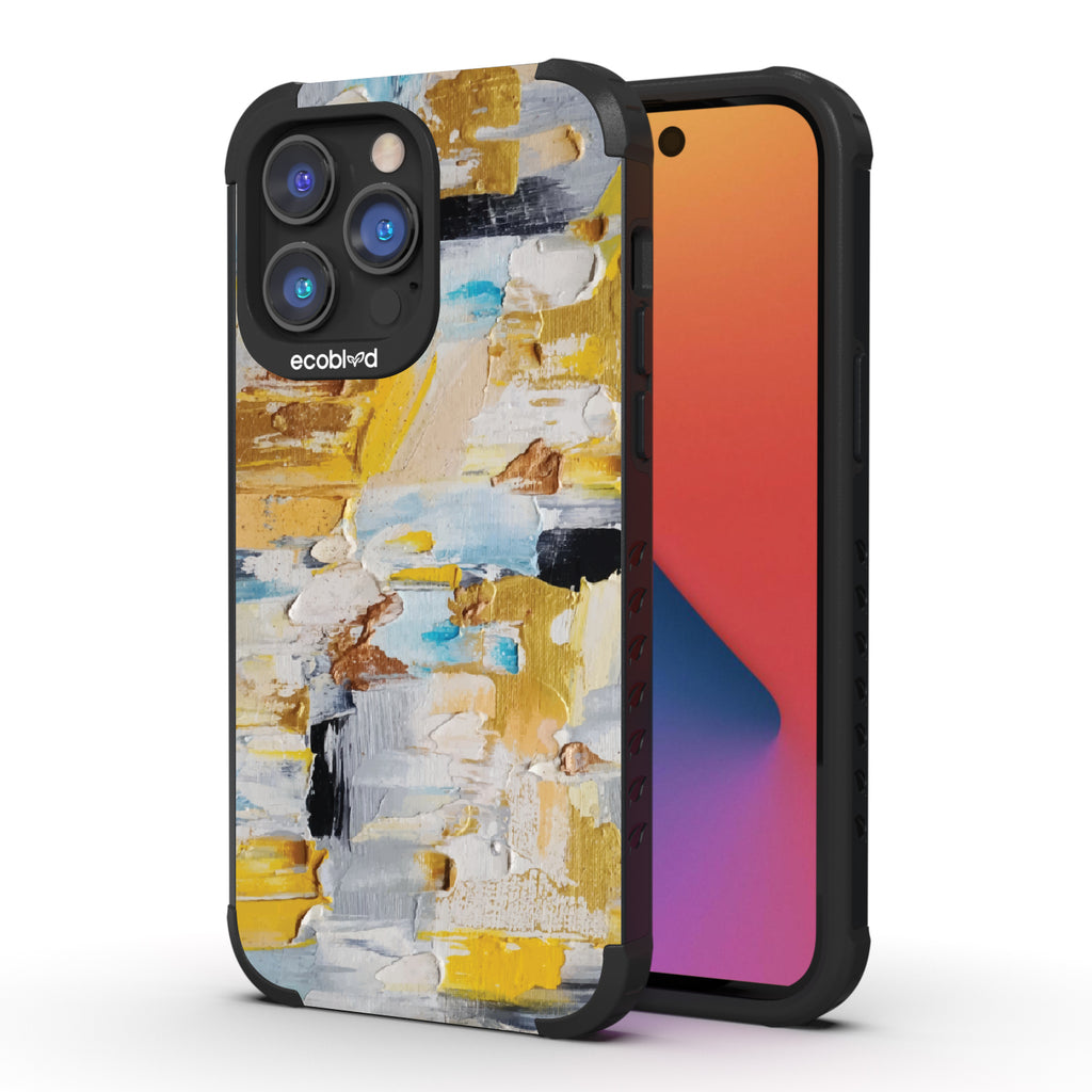 Front and back view of iPhone 14 Pro Max case, rugged compostable phone case in black, Lighten Up design