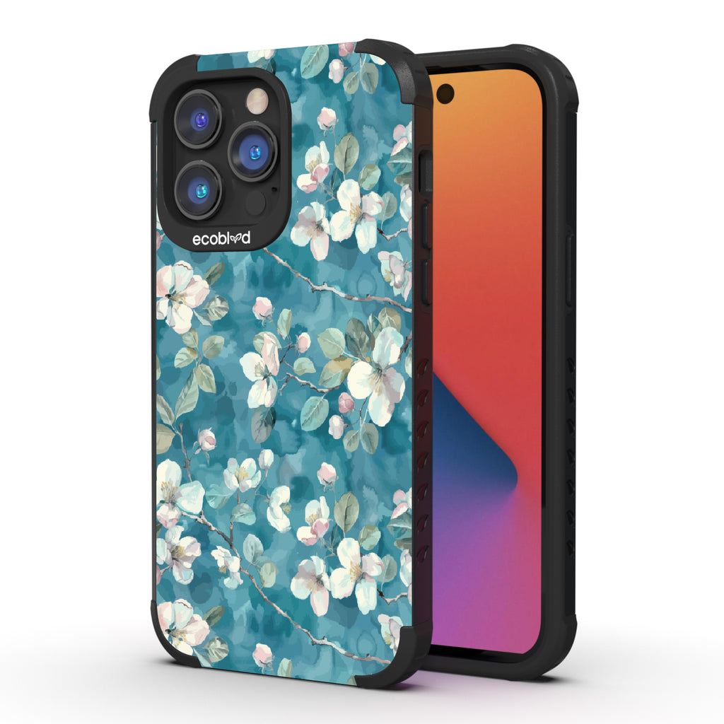 Front and back view of iPhone 14 Pro Max case, rugged compostable phone case in black, Sway & Sprout design