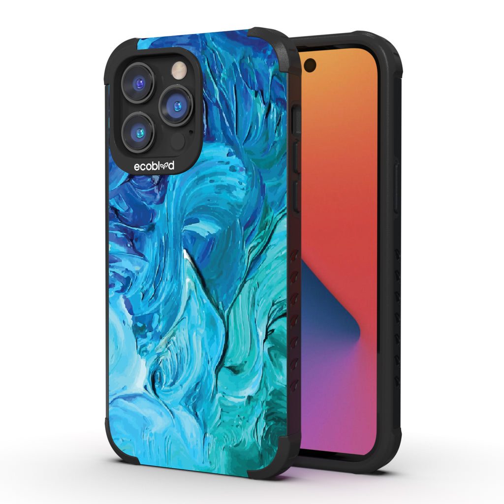 Front and back view of iPhone 14 Pro Max case, rugged compostable phone case in black, Oceanswept design