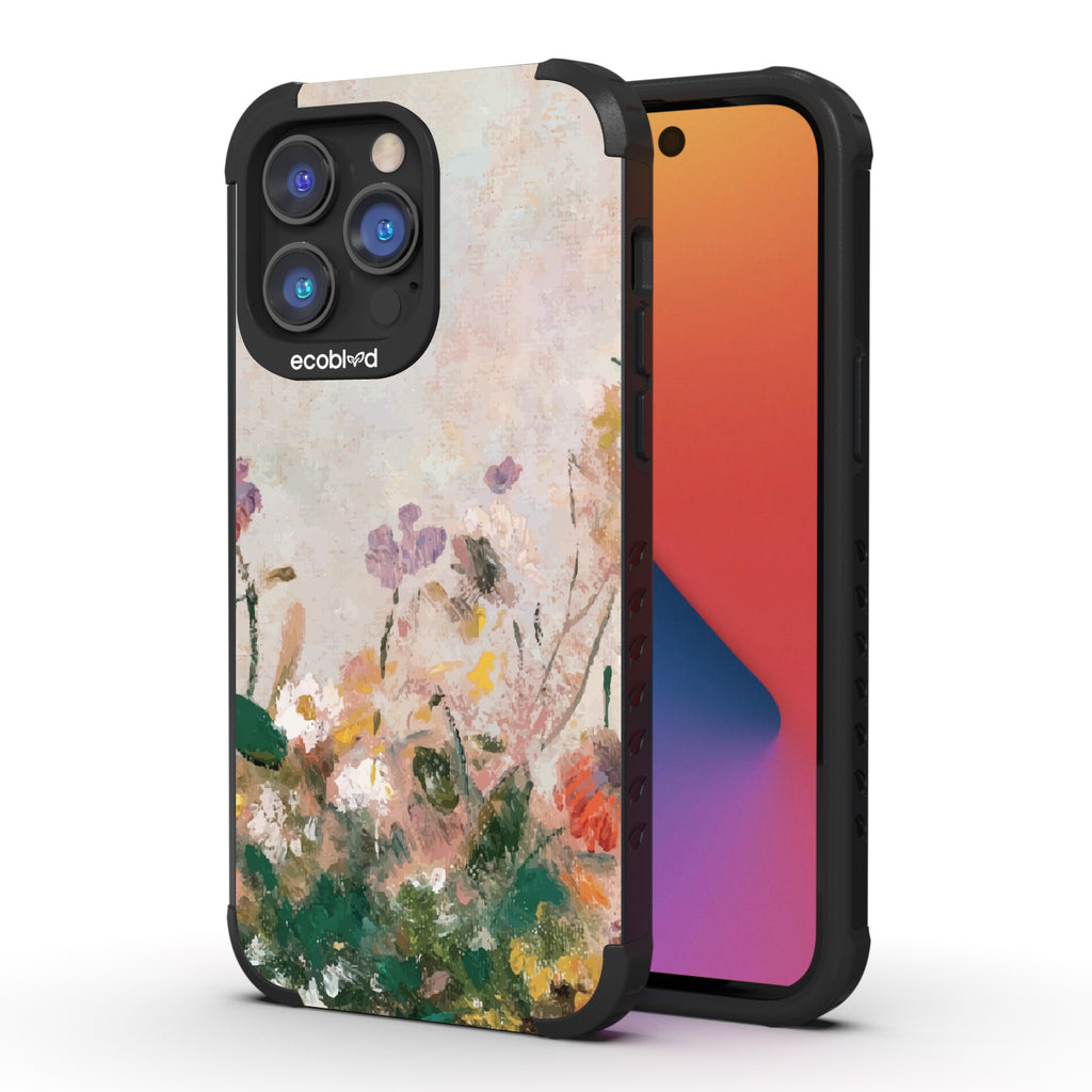 iPhone 14 Pro Max case, rugged compostable phone case in black, back view, Wild Grace design