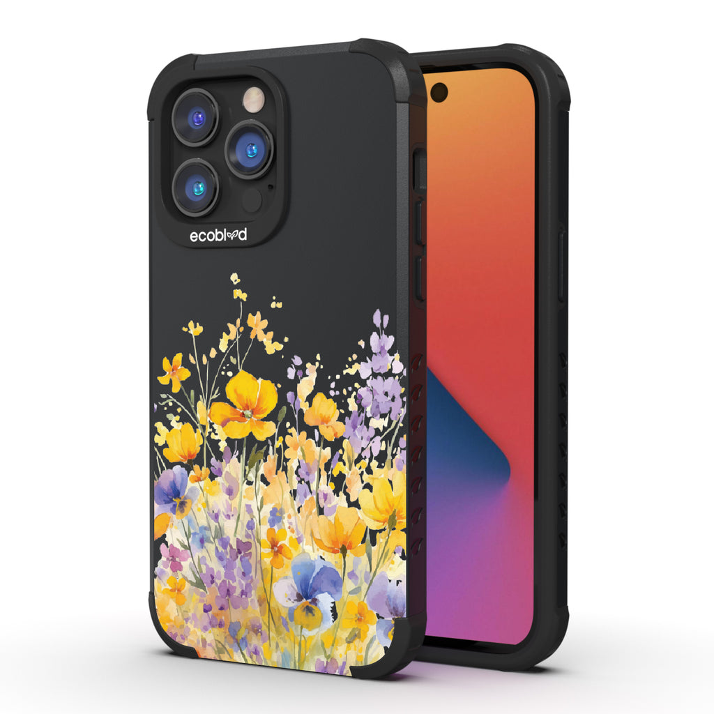 Front and back view of iPhone 14 Pro Max case, rugged compostable phone case in black, Meadowlight design