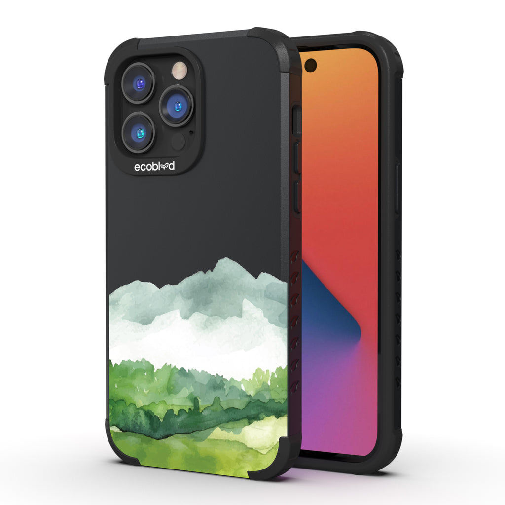 Front and back view of iPhone 14 Pro Max case, rugged compostable phone case in black, Open Horizon design