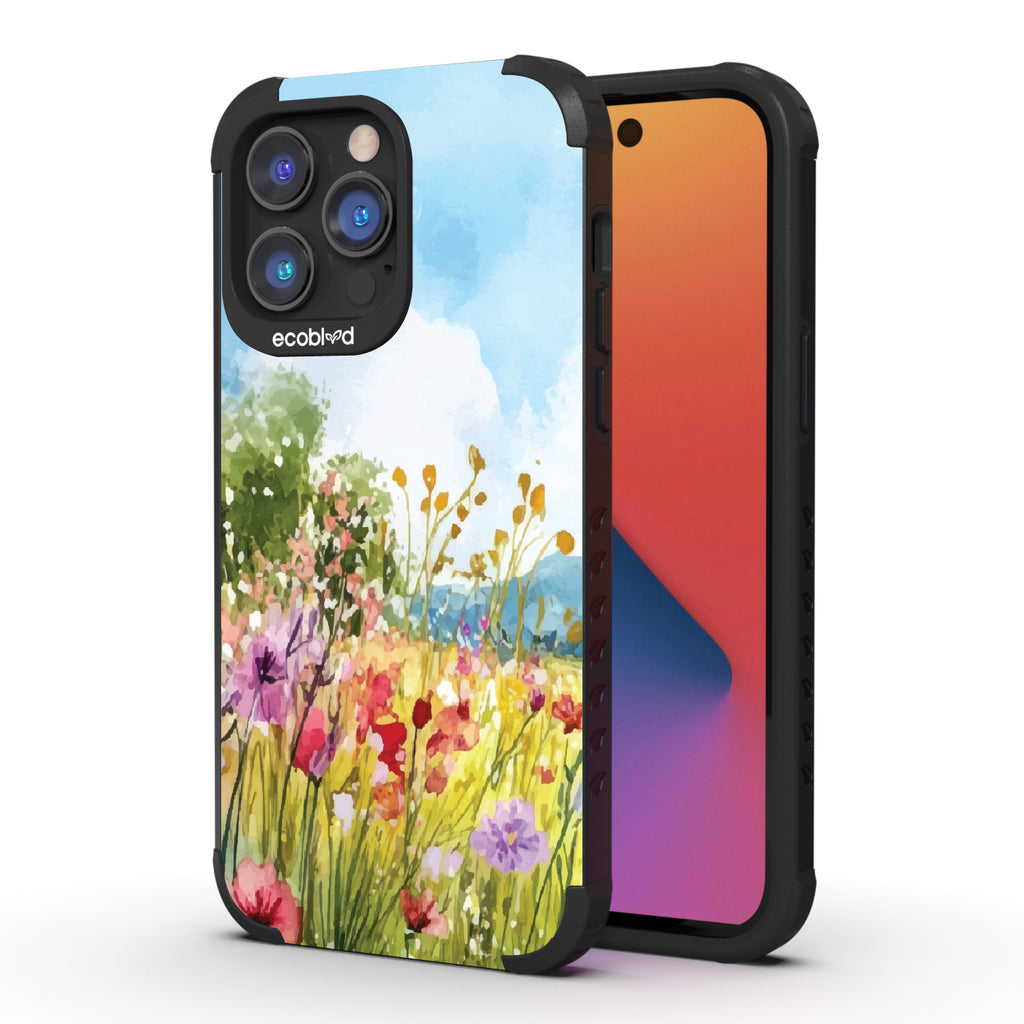 Front and back view of iPhone 14 Pro Max case, rugged compostable phone case in black, Everwild design