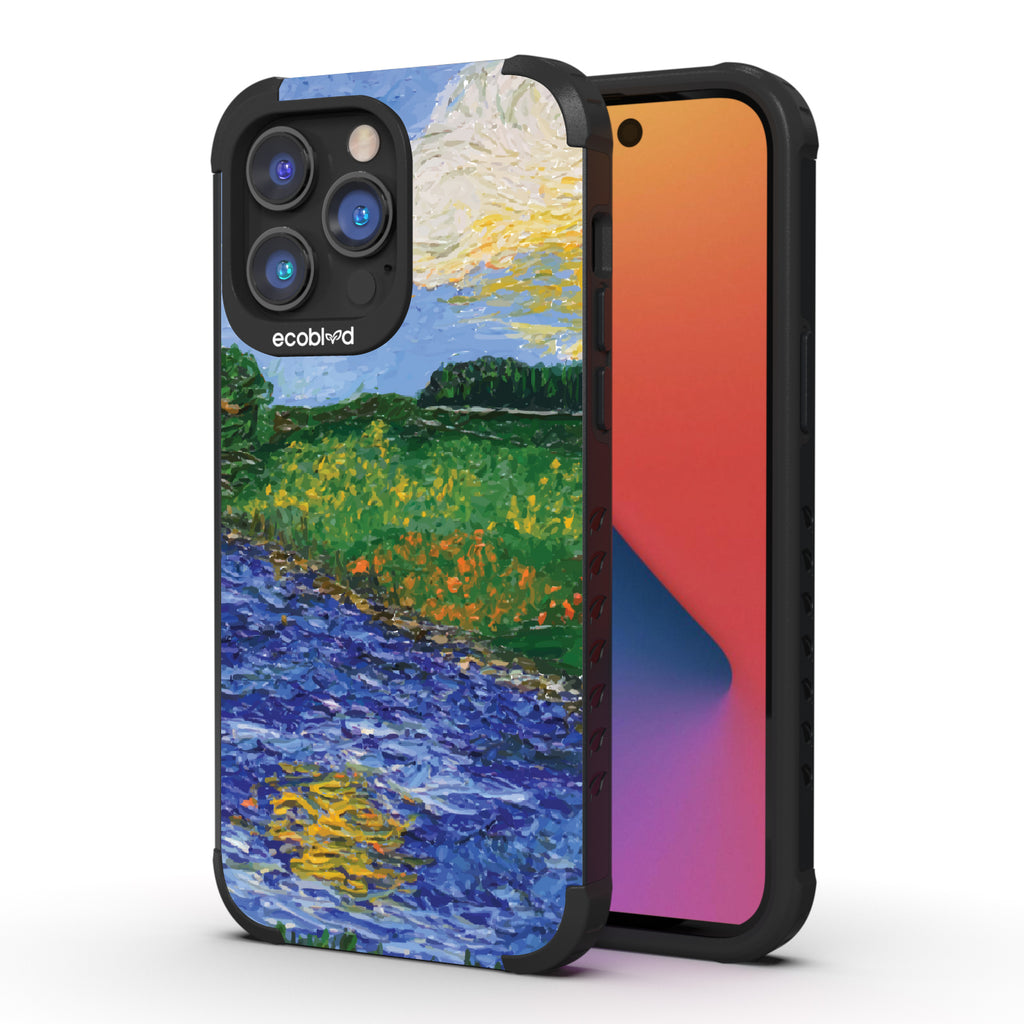 Front and back view of iPhone 14 Pro Max case, rugged compostable phone case in black, Field of Vision design