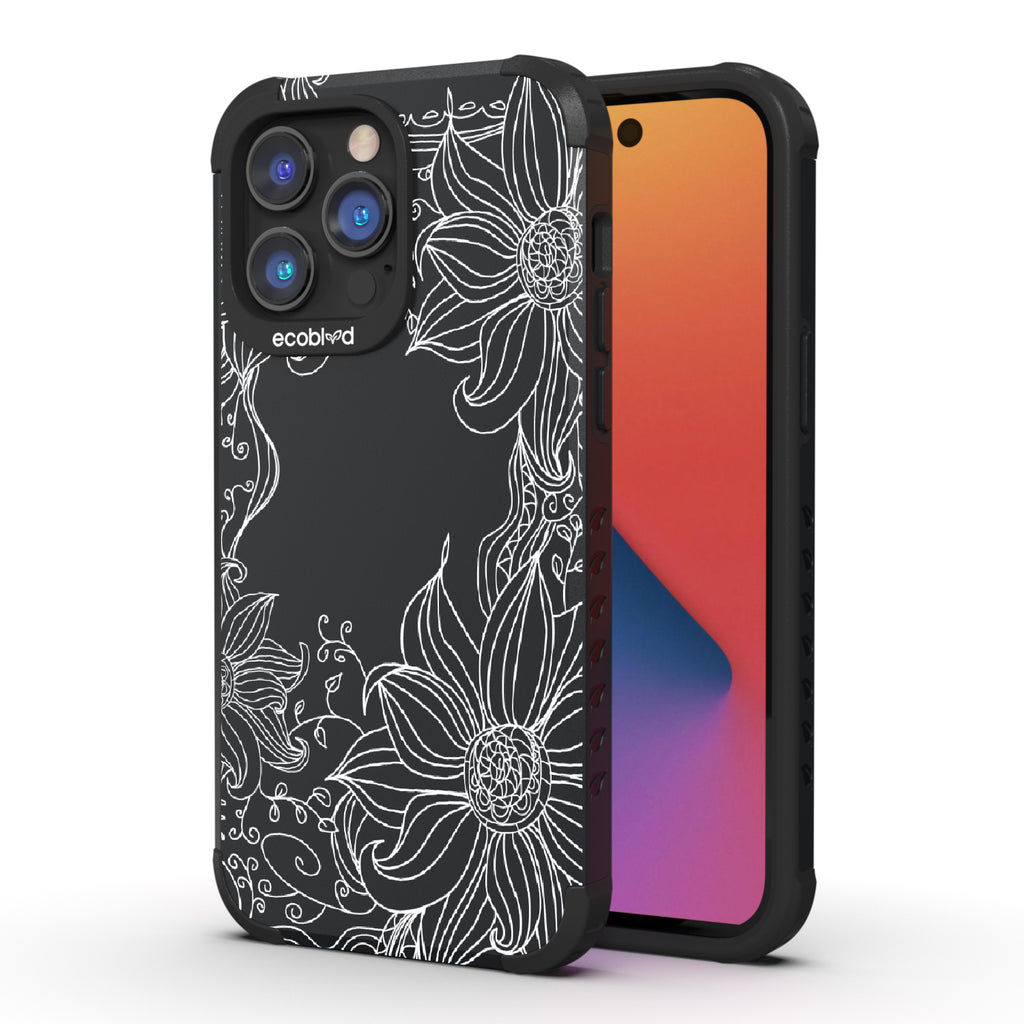 Flower Stencil - Back View Of Black & Eco-Friendly Rugged iPhone 14 Pro Max Case & A Front View Of The Screen