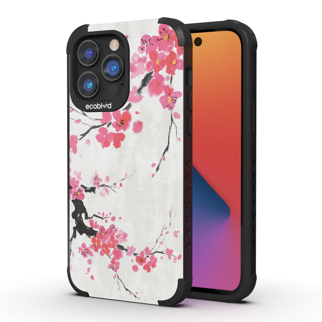 Front and back view of iPhone 14 Pro Max case, rugged compostable phone case in black, Sakura Season design
