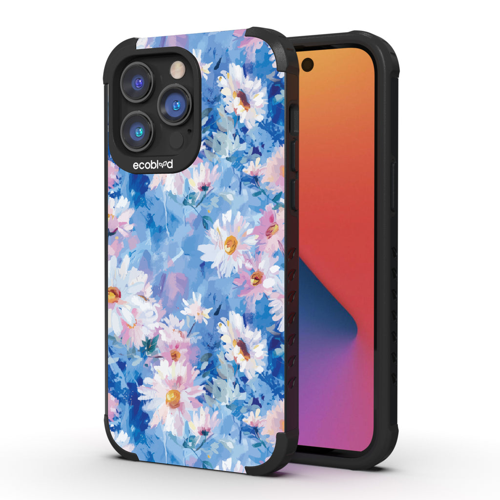 Front and back view of iPhone 14 Pro Max case, rugged compostable phone case in black, Blown Away design