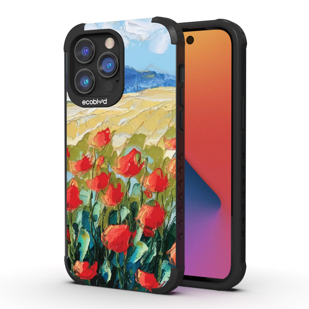 iPhone 14 Pro Max case, rugged compostable phone case in black, back view, Sleepy Bloom design