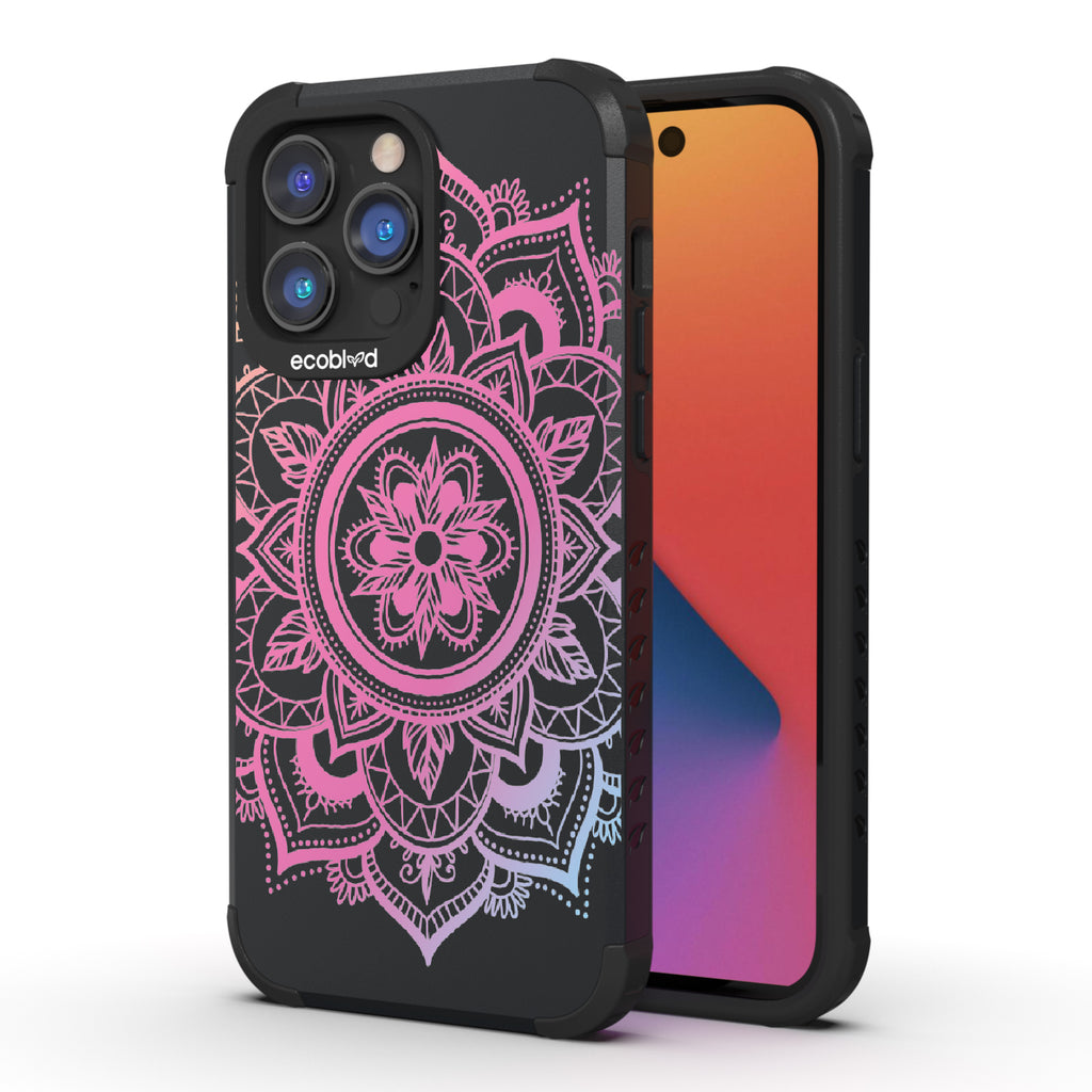 Mandala - Back View Of Black & Eco-Friendly Rugged iPhone 14 Pro Case & A Front View Of The Screen