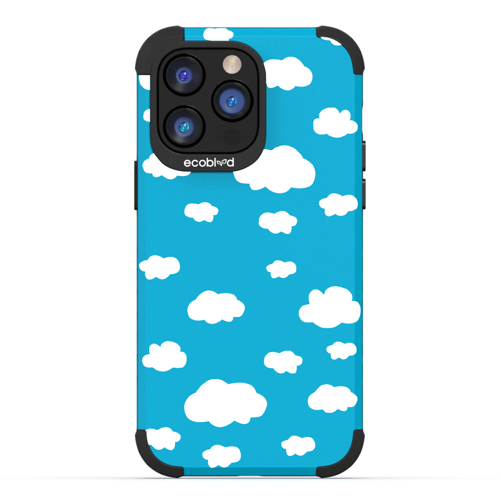 Clouds - Blue Rugged Eco-Friendly iPhone 14 Pro Max Case With A Fluffy White Cartoon Clouds Print On Back