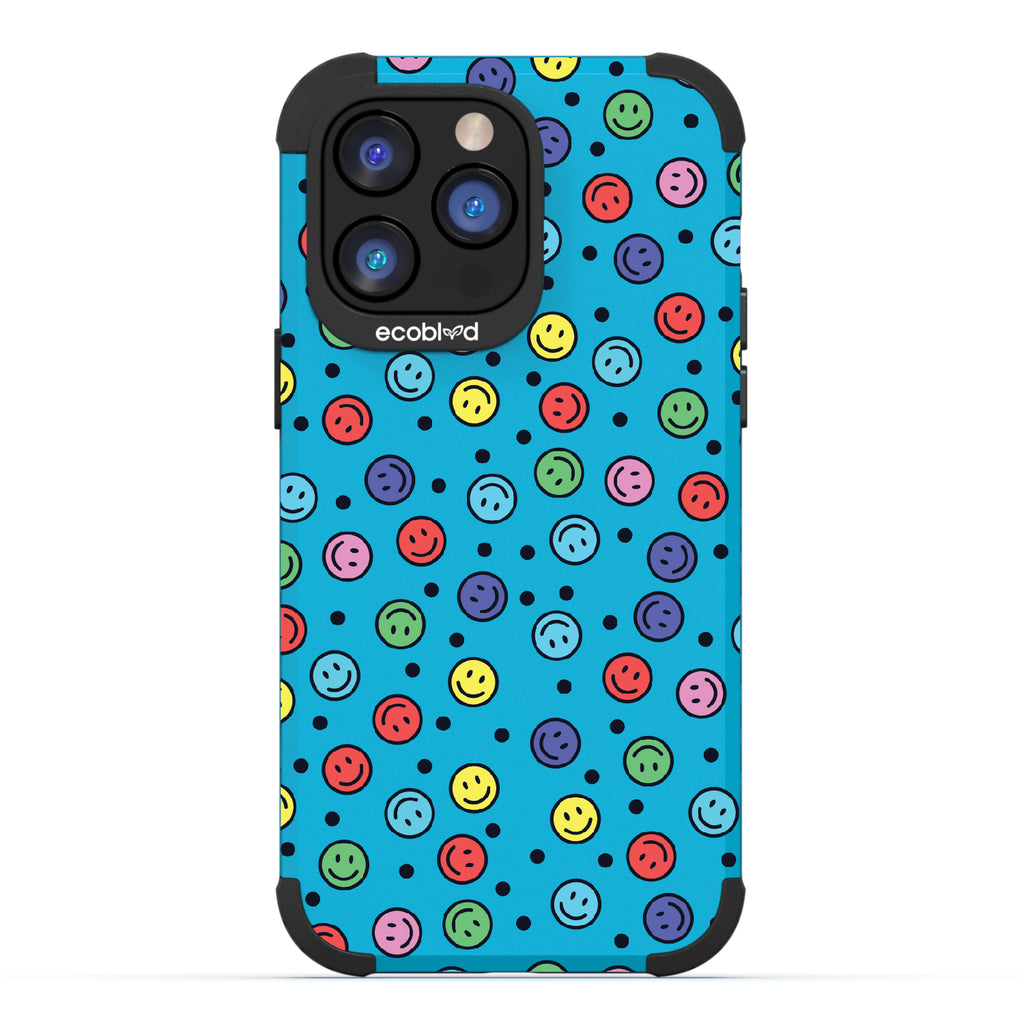 All Smiles - Blue Rugged Eco-Friendly iPhone 14 Pro Case With Multicolored Smiley Faces & Black Dots On Back