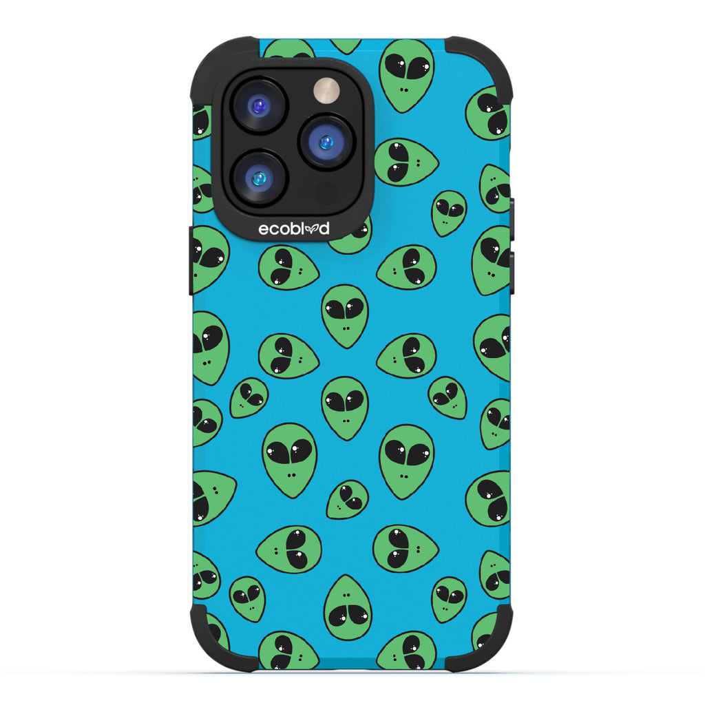 Aliens - Blue Rugged Eco-Friendly iPhone 14 Pro Max Case With Green Cartoon Alien Heads On Back