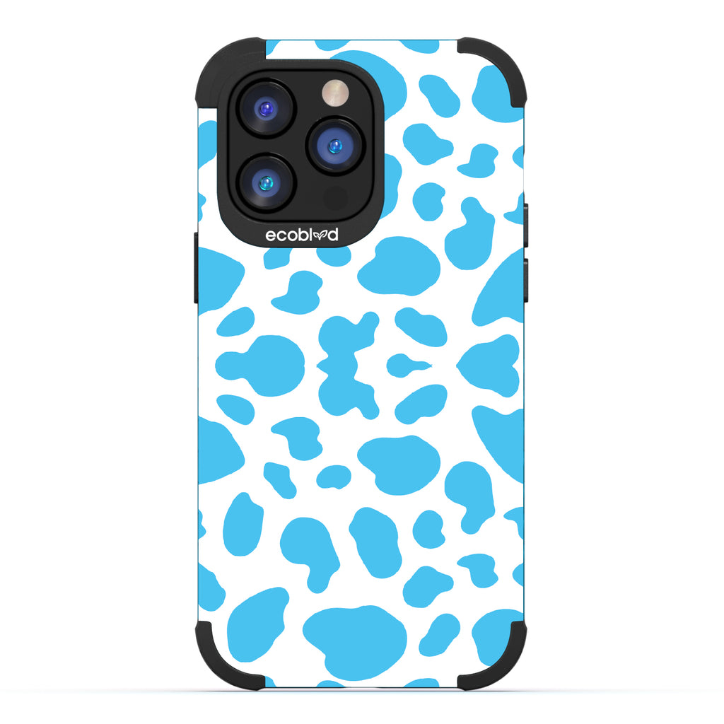 Cow Print - Blue Rugged Eco-Friendly iPhone 14 Pro Max Case With Blue Cow Print On Back