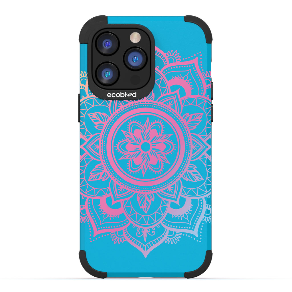 Mandala - Blue Rugged Eco-Friendly iPhone 14 Pro Max Case With A Pink Lotus Flower Mandala On Back