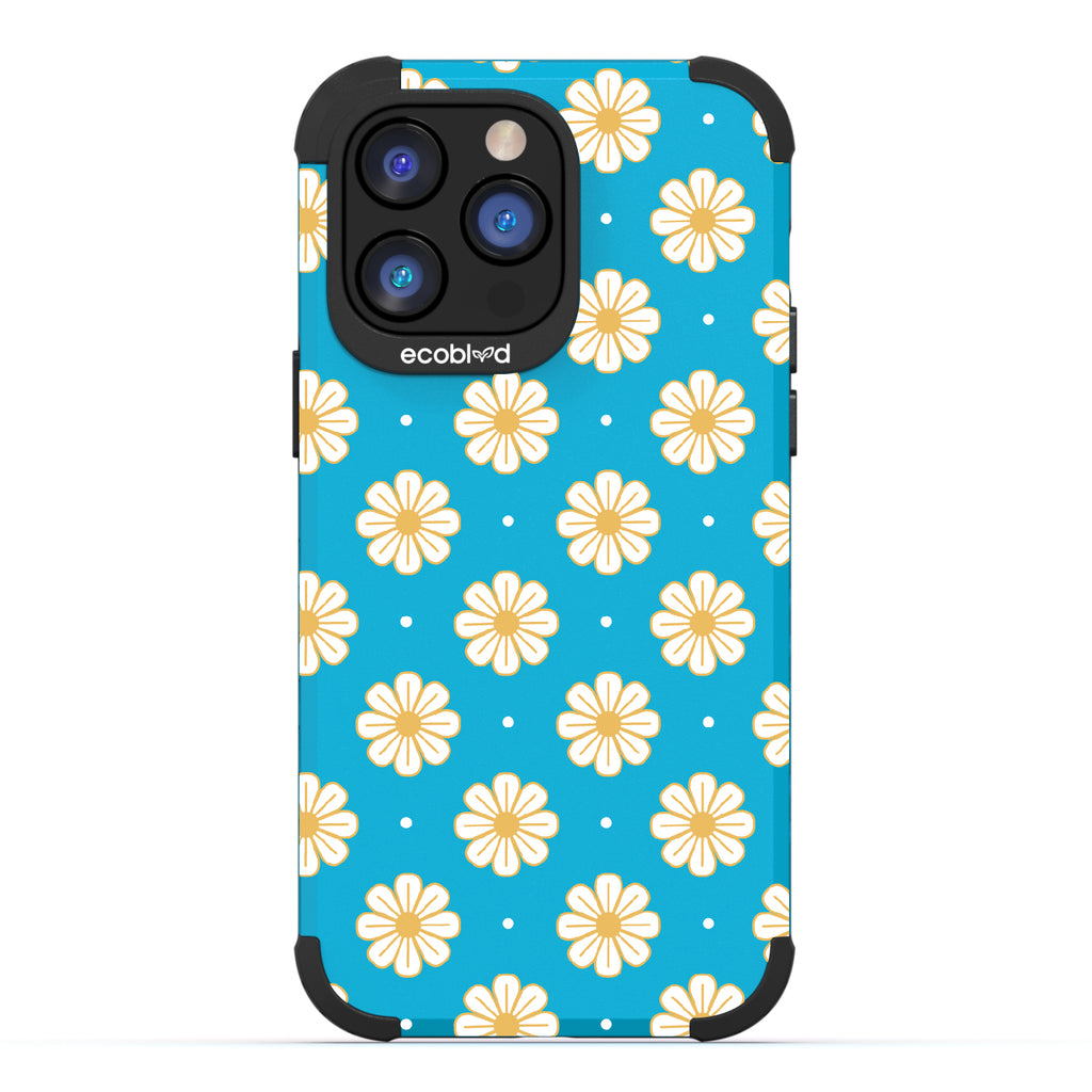 Daisy - Blue Rugged Eco-Friendly iPhone 14 Pro Max Case With A White Floral Pattern Of Daisies & Dots On Back