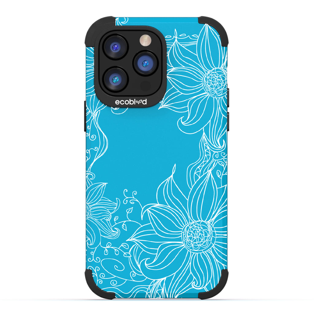 Flower Stencil - Blue Rugged Eco-Friendly iPhone 14 Pro Max Case With A Sunflower Stencil Line Art Design  On Back