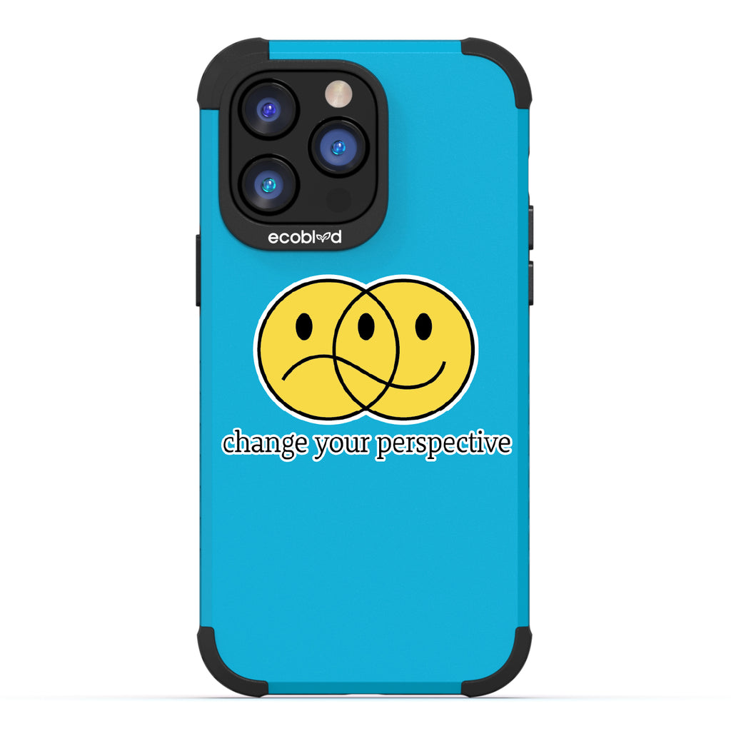 Perspective - Blue Rugged Eco-Friendly iPhone 14 Pro Max Case With A Happy/Sad Face & Change Your Perspective On Back