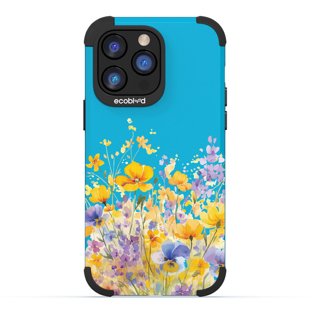 iPhone 14 Pro Max case, rugged compostable phone case in blue, back view, Meadowlight design