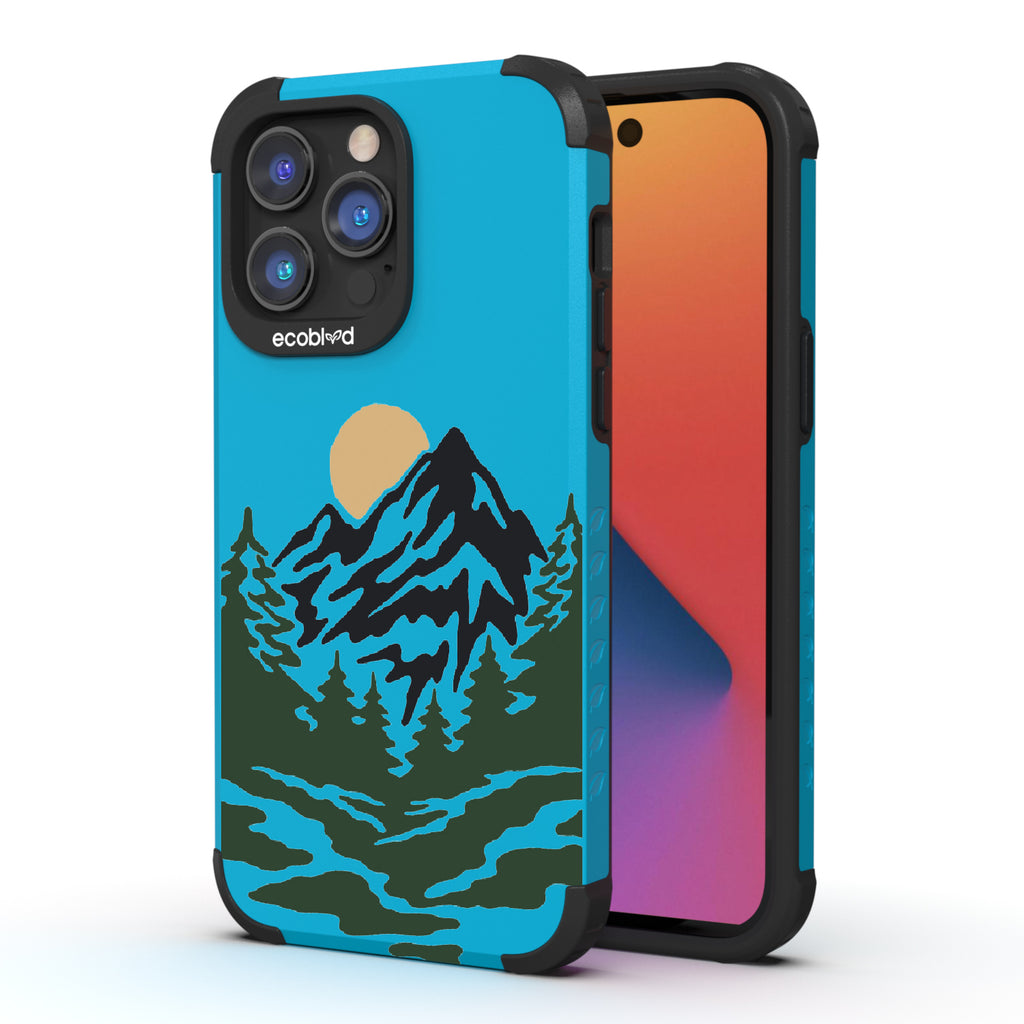 Mountains - Back View Of Blue & Eco-Friendly Rugged iPhone 14 Pro Max Case & A Front View Of The Screen