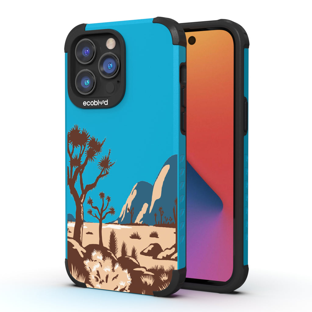 Joshua Tree - Back View Of Blue & Eco-Friendly Rugged iPhone 14 Pro Case & A Front View Of The Screen