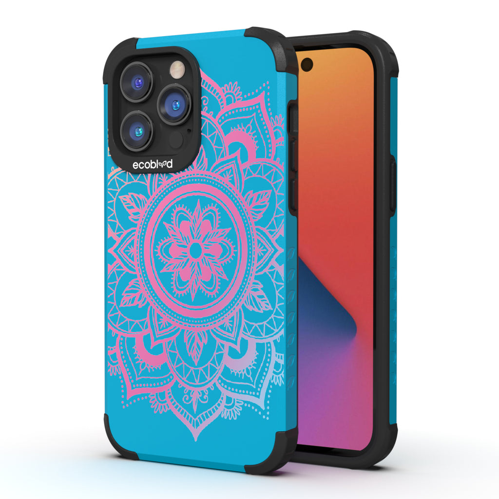 Mandala - Back View Of Blue & Eco-Friendly Rugged iPhone 14 Pro Case & A Front View Of The Screen