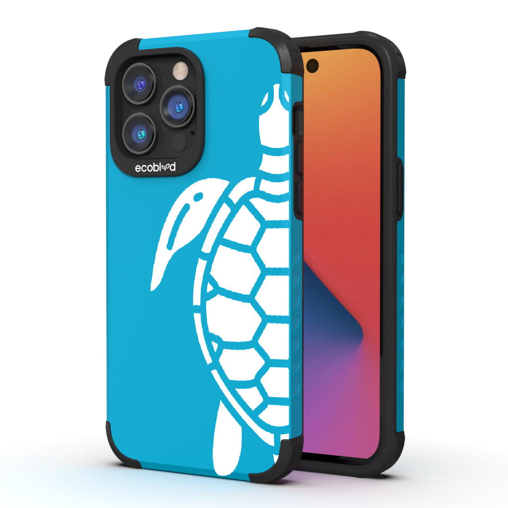 Sea Turtle - Back View Of Blue & Eco-Friendly Rugged iPhone 14 Pro Case & A Front View Of The Screen